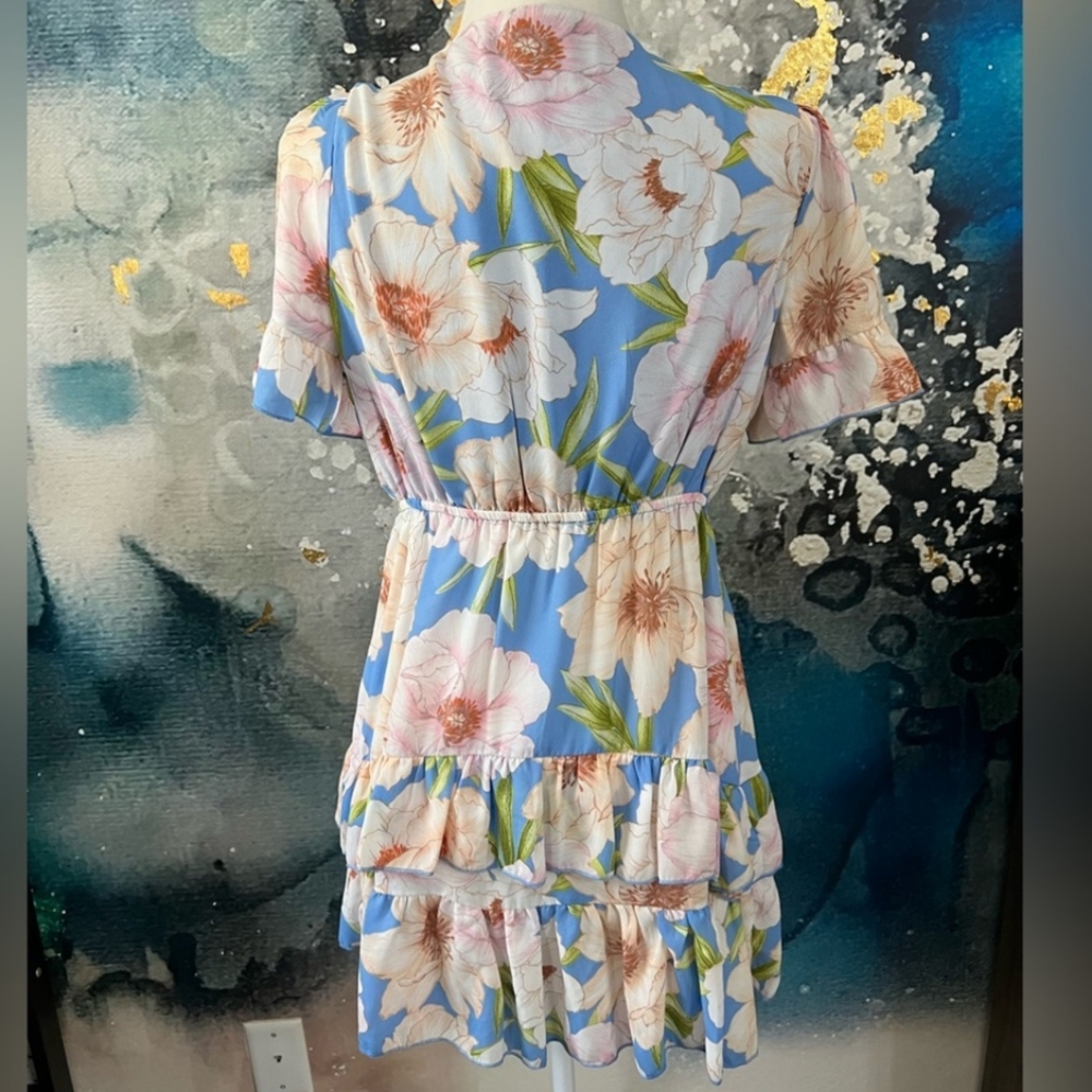 FOREVER 21 Floral Plunge V-Neck Front Tie Ruffle Mini Boho Dress - Picture 4 of 7